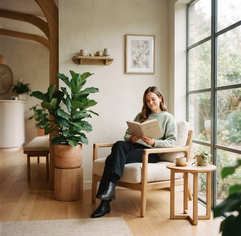 Warm editorial photography of a sunlit, minimalist clinic waiting room with soft wooden textures, linen chairs, and leafy green plants, shallow depth of field, 35mm