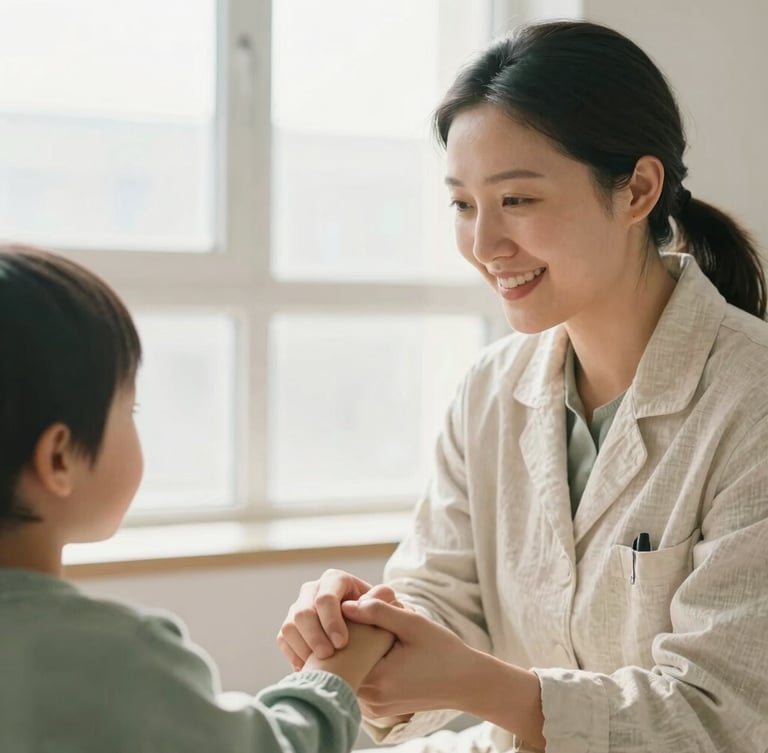A gentle close-up of a Mongolian female pediatrician in a soft linen coat smiling warmly while holding a child's hand, bright natural window light, 35mm