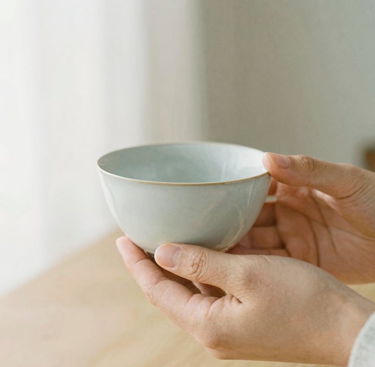 Close-up of hands gently holding a warm, hand-thrown ceramic tea bowl, soft morning daylight, warm neutral tones, minimalist composition