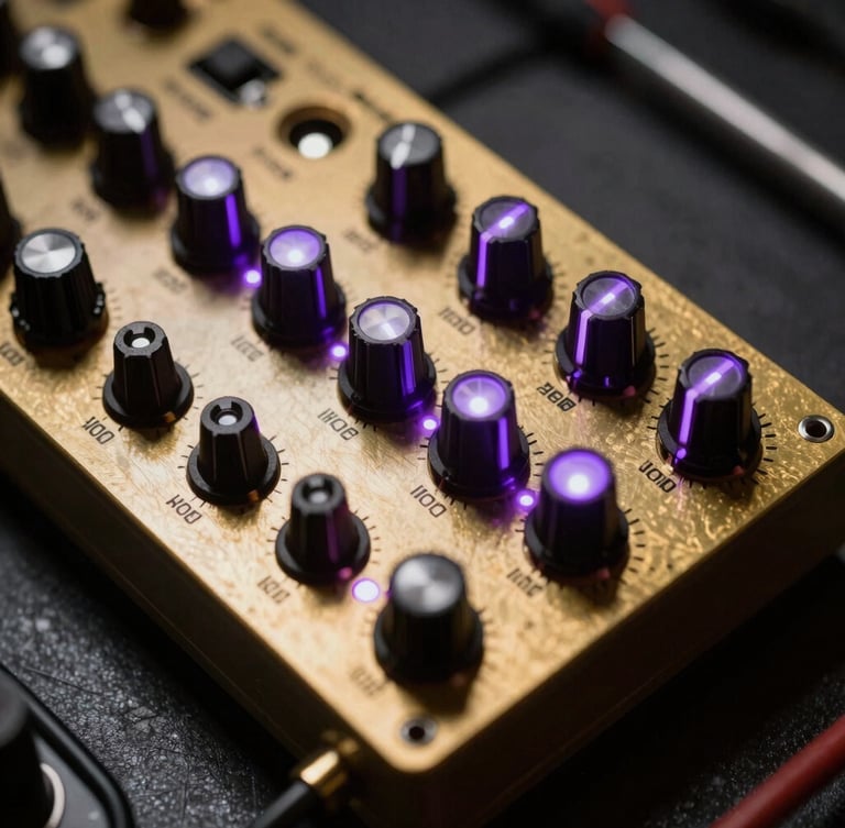 Extreme close-up of a custom Eurorack synthesizer module with brass faceplate and glowing violet LEDs, dark industrial background