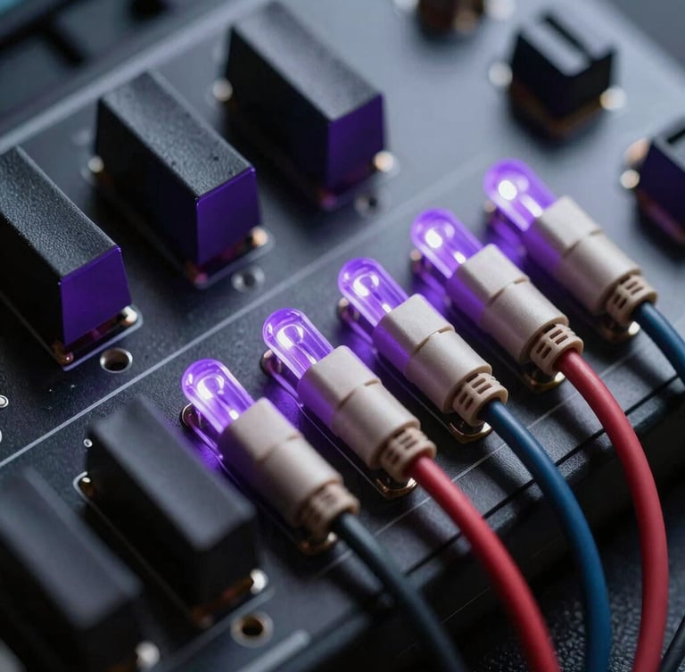Extreme close-up of modular synthesizer patch cables with glowing plasma-violet LEDs, high-contrast, deep shadows