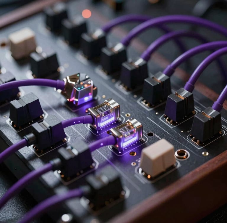 Extreme close-up of modular synthesizer patch bays with glowing violet patch cables, metallic and glass textures, dark industrial aesthetic.
