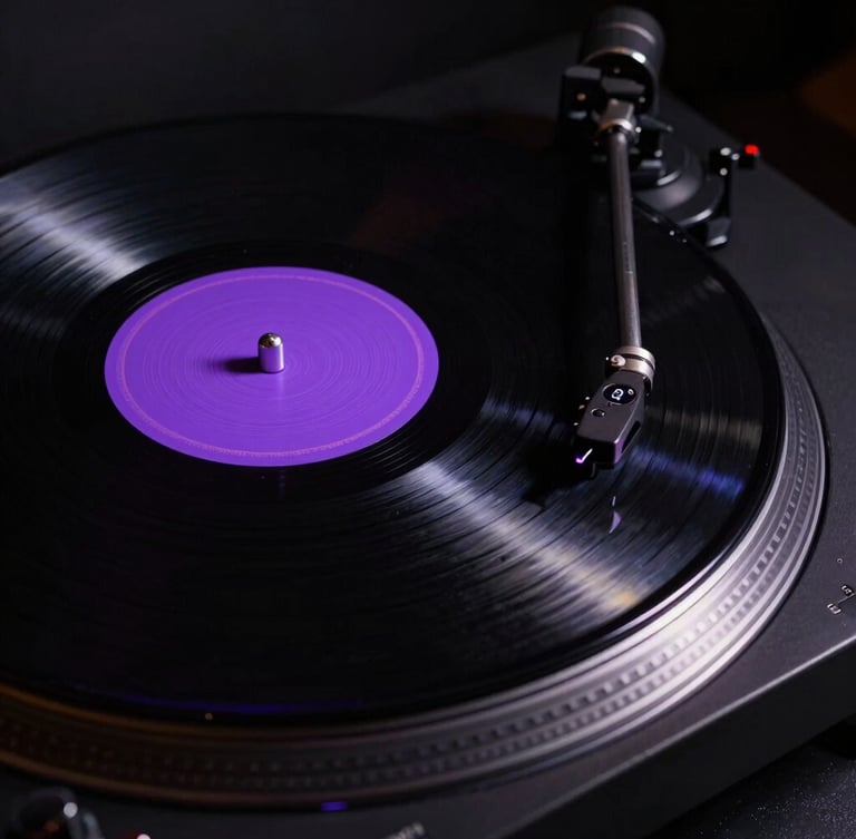 Portrait close-up of a physical vinyl record spinning on a high-end black turntable under single-source plasma-violet strobe light, deep shadows.