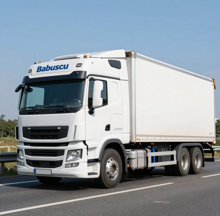 A modern white Babuscu transport truck driving on a clean European highway, bright natural daylight, corporate blue accents, professional editorial photography, 35mm lens