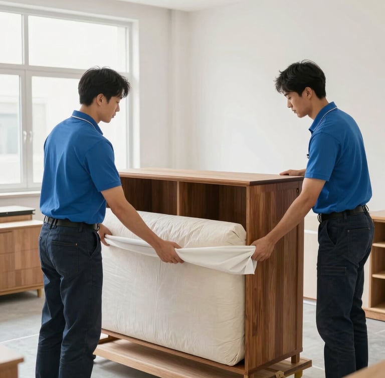 Medium shot of professional movers carefully wrapping high-value wooden furniture with thick protective layers inside a bright, clean room, daylight
