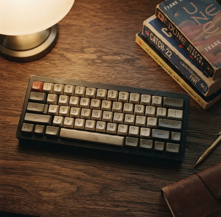 Straight-on flat lay of vintage mechanical keyboard keycaps next to a stack of physical books, warm desk lamp light casting long shadows, low-fi 35mm film grain