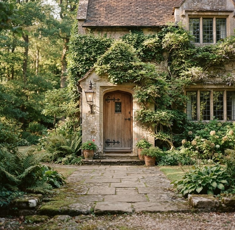 Quiet, sun-dappled architectural entrance of a peaceful stone estate, surrounded by mature trees in soft morning light, shallow depth of field, 35mm