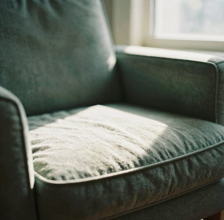 Close-up of a comfortable private room with a reading chair, warm morning light streaming through a window, soft linen textures, shallow depth of field, 35mm