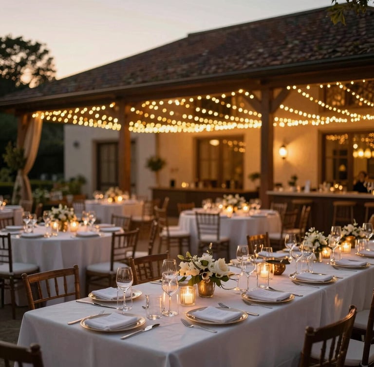 Wide architectural shot of an elegant event venue decorated with warm fairy lights and sophisticated table settings, golden hour natural light, rich tones