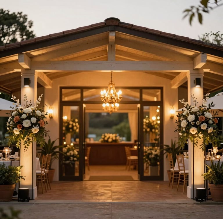 Wide environmental shot of Allévive venue entrance decorated with warm ambient lights, golden hour natural light, elegant floral arrangements, 35mm photography, shallow depth of field