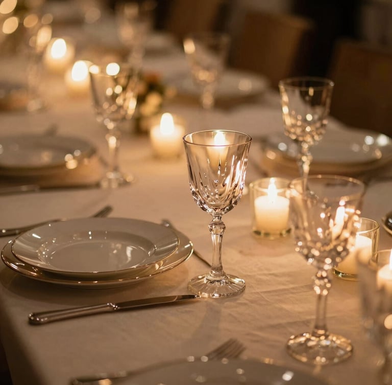 Intimate close-up of elegant table settings, warm ambient string lights casting a golden glow on crystal glasses and fine porcelain, rich elegant tones, shallow depth of field, 35mm