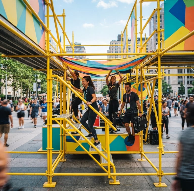 Vibrant close-up of dynamic outdoor brand activation setup with bold yellow scaffolding, bright daylight, energetic event crew preparing the experiential footprint