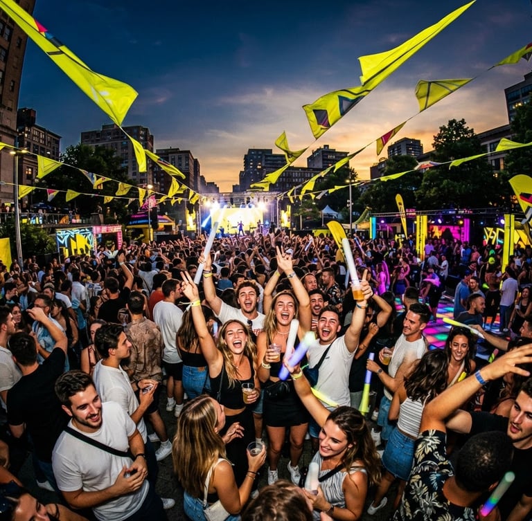 Wide-angle dynamic environmental shot of a crowded outdoor brand activation at sunset, electric yellow banners cutting through high-contrast shadows, energetic crowd reactions