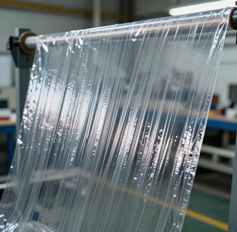 Wide-angle industrial macro shot of a hand-stretched clear plastic film showing high tension and transparency, cool-toned factory background, sharp focus on the film's texture.