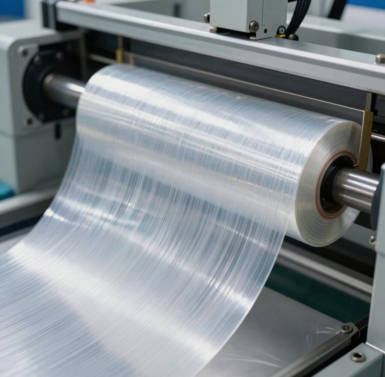 Macro high-definition shot of industrial transparent stretch film being pulled under high tension by an automatic wrapping machine arm, bright cool factory lighting, technical texture visible.