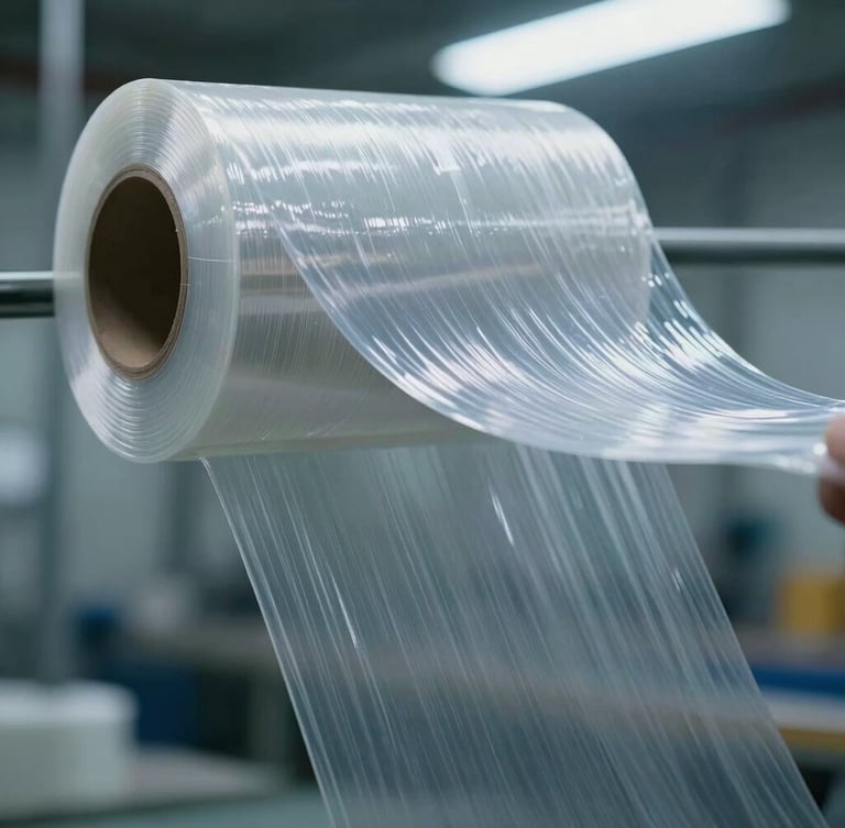 Macro photography of industrial transparent stretch film under high tension, cool-toned factory light, clean background showing film elasticity.