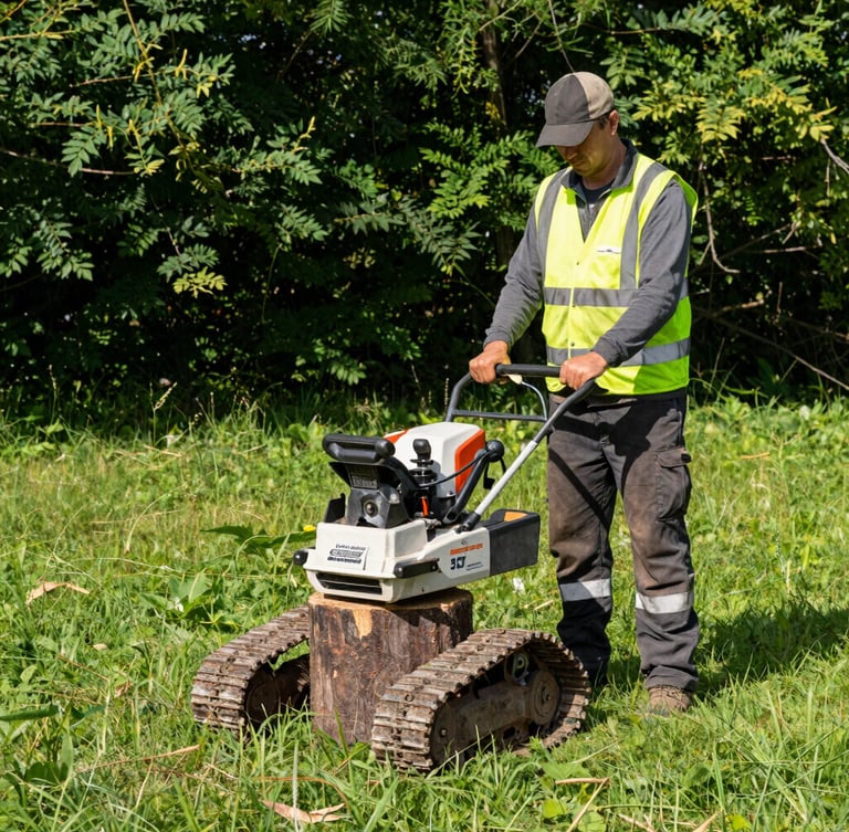 A professional stump grinding crew member in high-visibility safety gear operating a compact, tracked stump grinder on a lush green lawn, bright daylight, 35mm