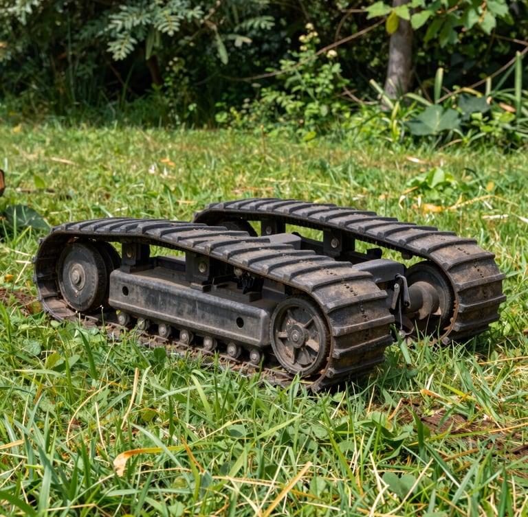 A close-up of turf-safe rubber tracks of a stump grinder moving gently over lush green grass without leaving ruts, bright natural daylight, 35mm