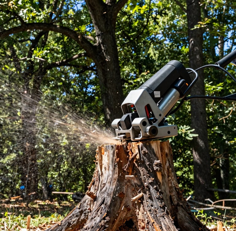 Low-angle action shot of a high-power commercial stump grinder chewing through a large oak stump, woodchips flying, bright natural daylight, 35mm