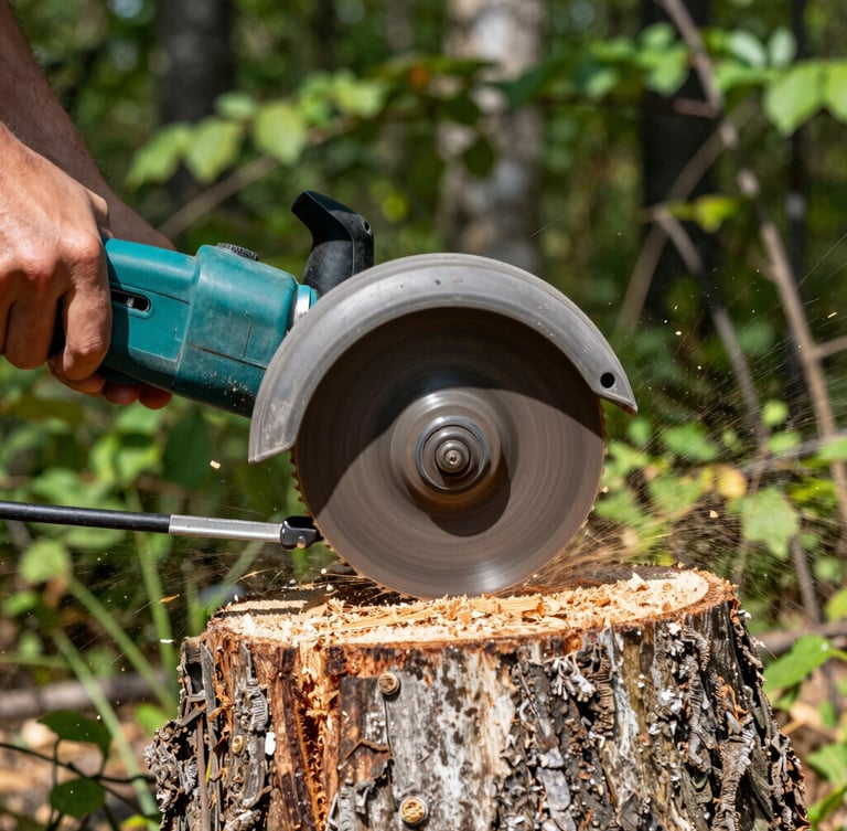 A close-up action shot of a sharp stump grinder wheel spinning and cutting into a tree stump, safety green metal guard, wood shavings spraying, bright daylight.