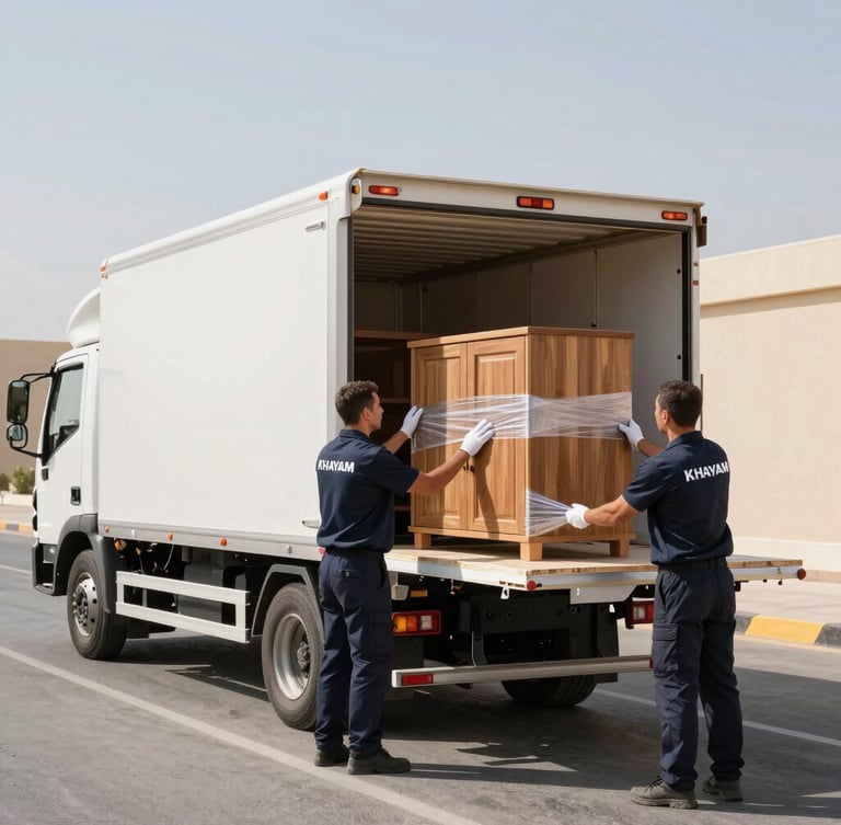 A clean, branded Khayam Furniture Transfer truck parked in bright Abu Dhabi daylight, professional movers in neat uniforms wrapping a wooden cabinet in protective stretch film.