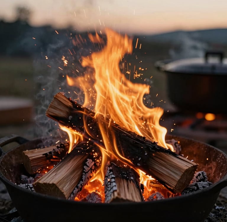 Close-up of sparks flying from a burning pinon wood fire at twilight, cast iron cookware heating over glowing embers, shallow depth of field, warm editorial style.