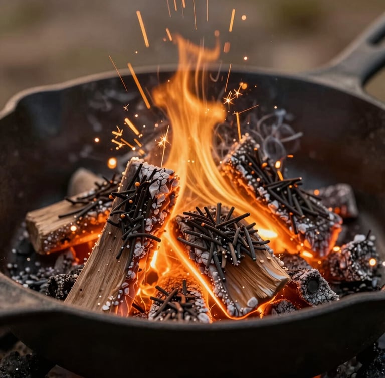Extreme close-up of pinon wood embers glowing with warm amber sparks under a cast iron skillet, shallow depth of field, warm golden hour light.