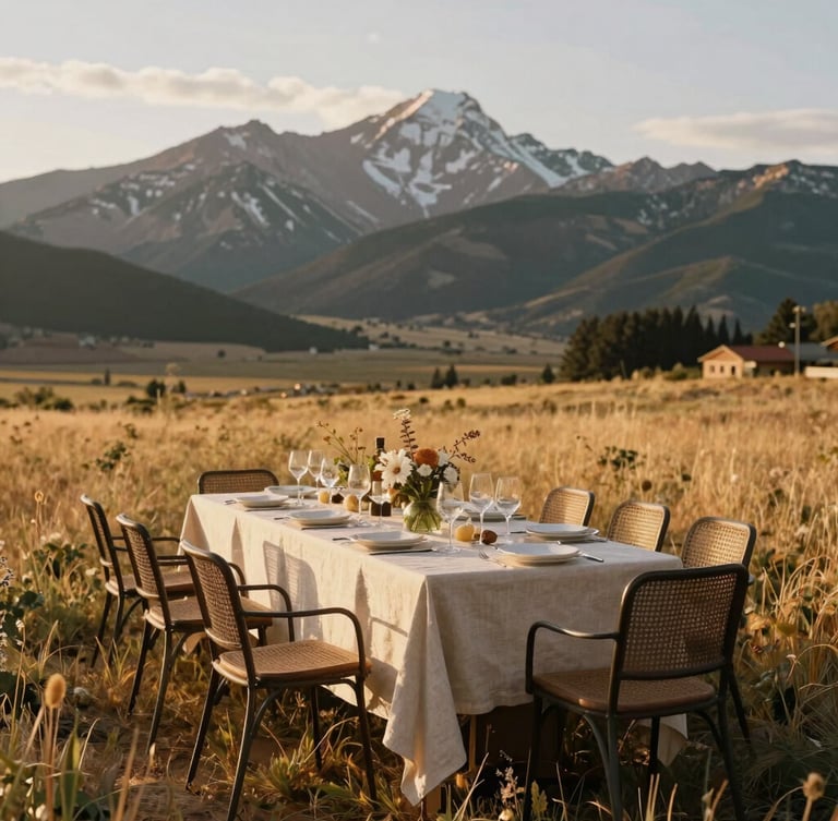 An elegantly set long dining table with linen and iron, positioned in a dramatic mountain meadow in Creede Colorado during golden hour, soft low-angle light.