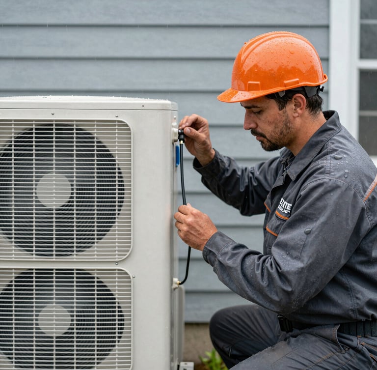 Molalla HVAC technician working on an outdoor heat pump during a light rain, wearing Elite Molalla uniform, hands-on expertise, authentic editorial photography, crisp natural daylight, cool desaturated tones with warm orange accents, sharp focus.