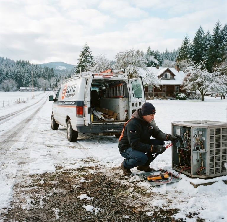 Elite Molalla HVAC Repair service truck parked on a rural road in Molalla, Oregon, with snow on the ground, technician visible checking a heat pump, authentic editorial photography, crisp natural daylight, cool desaturated tones with warm orange accents, sharp focus.