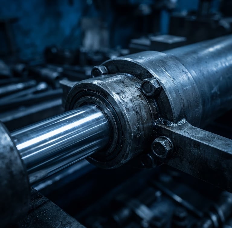 Macro photography of a heavy steel hydraulic piston cylinder, sharp metallic highlights, deep blue workshop lighting, high contrast, industrial texture