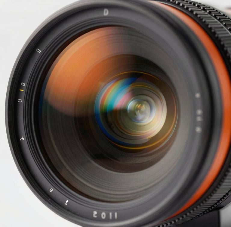 Extreme close-up of a high-end cinema camera lens with vibrant orange and electric blue gel reflections, sharp focus, 35mm.