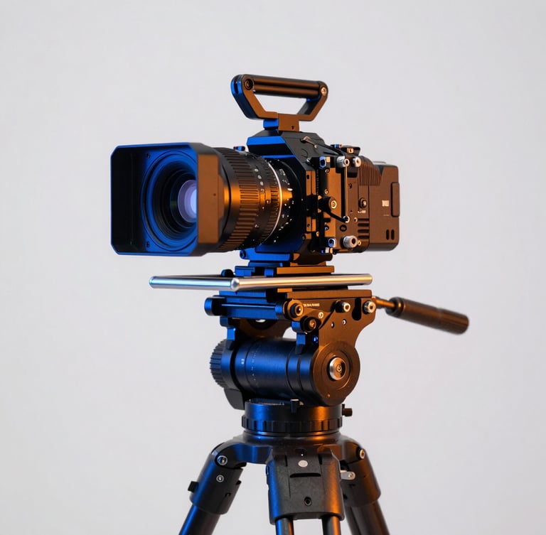 Vibrant studio photography of a high-end camera rig on a production set, sharp focus, electric blue and orange gel lighting cutting through clean white space, 35mm