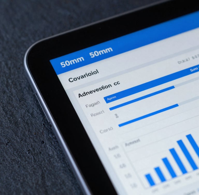 Macro close-up of a clean digital analytics dashboard displaying conversion metrics, sharp focus, cool studio light with electric blue accents, 50mm