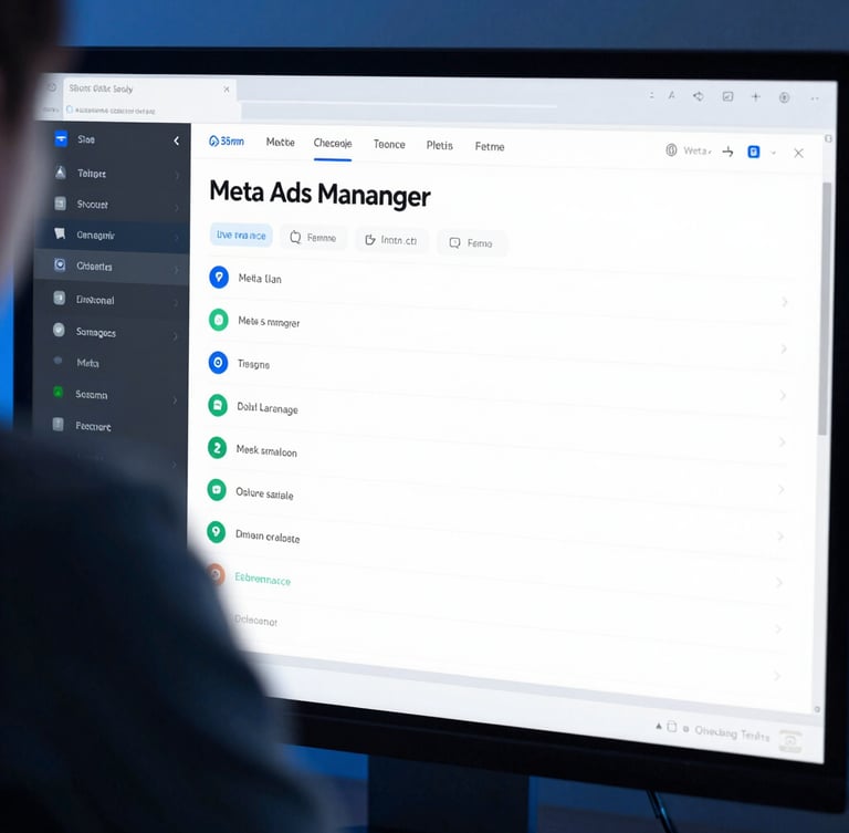 Tight over-the-shoulder macro view of a clean Meta Ads Manager dashboard on a high-resolution screen, cool studio lighting with electric blue accents, sharp focus, 50mm