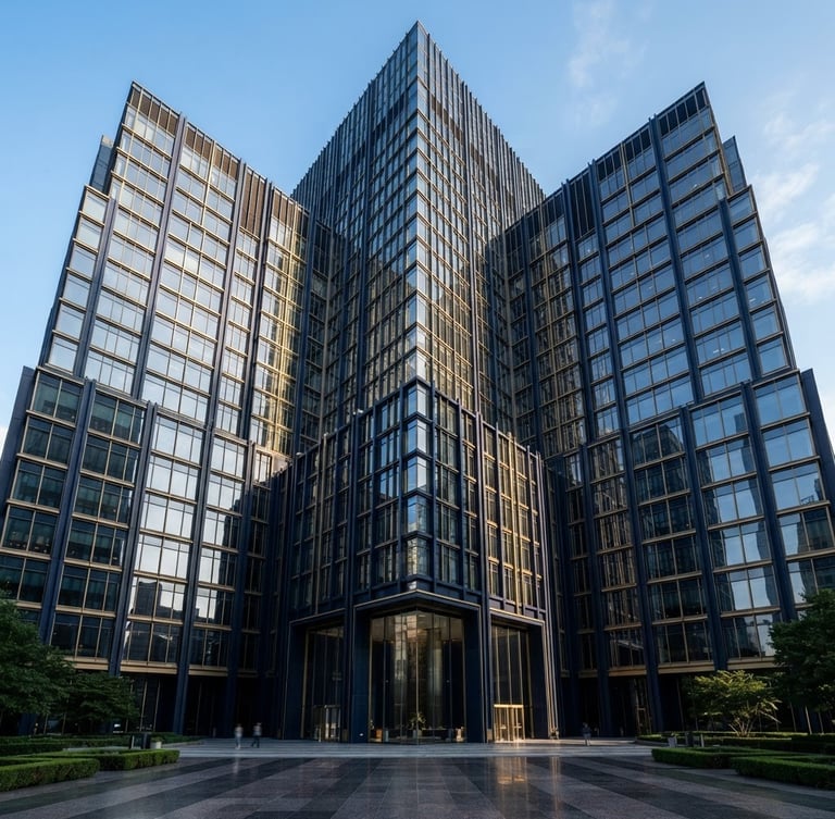 Symmetrical low-angle architectural perspective of a modern corporate headquarters facade, sharp morning window light, deep navy shadows, editorial corporate photography style.