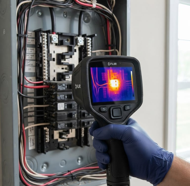 Close-up of a digital thermal imaging camera displaying bright heat signatures on a residential electrical panel, crisp focus, bright natural daylight, technical precision.