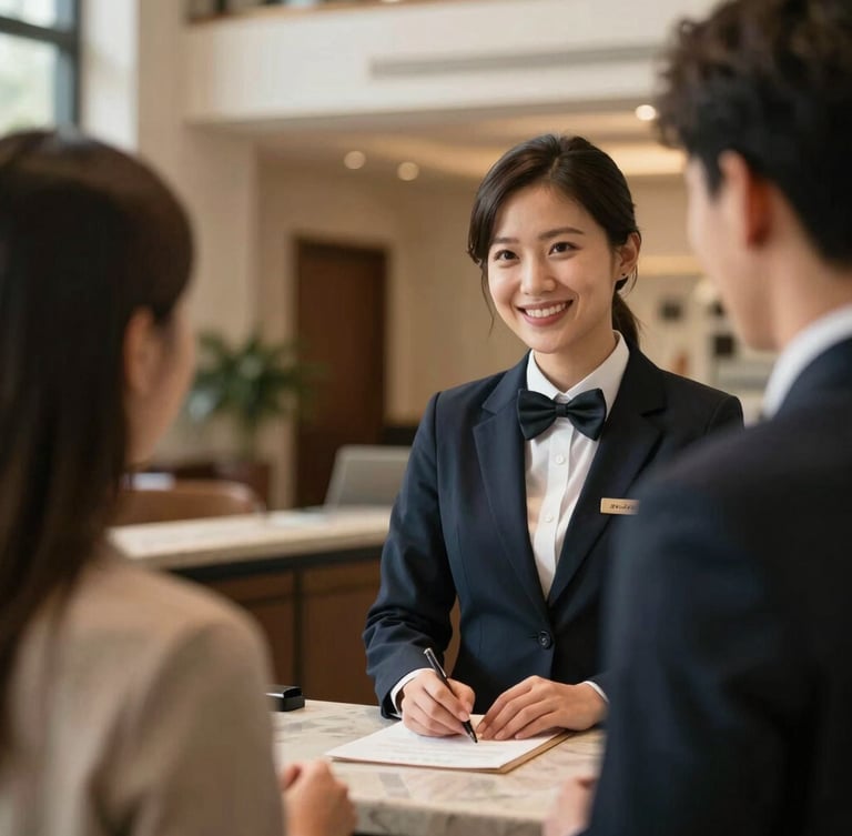 Close-up of a warm, genuine interaction between a hotel receptionist and a guest, soft natural side-lighting, elegant lobby background, warm tones