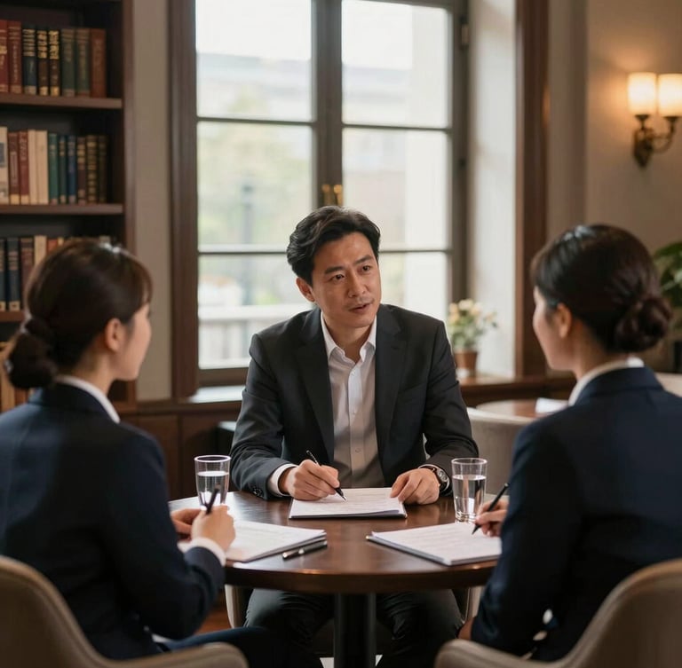A warm collaborative workshop session inside a luxury hotel library, an empathetic leader mentoring two hospitality professionals, soft natural window light, portrait composition.