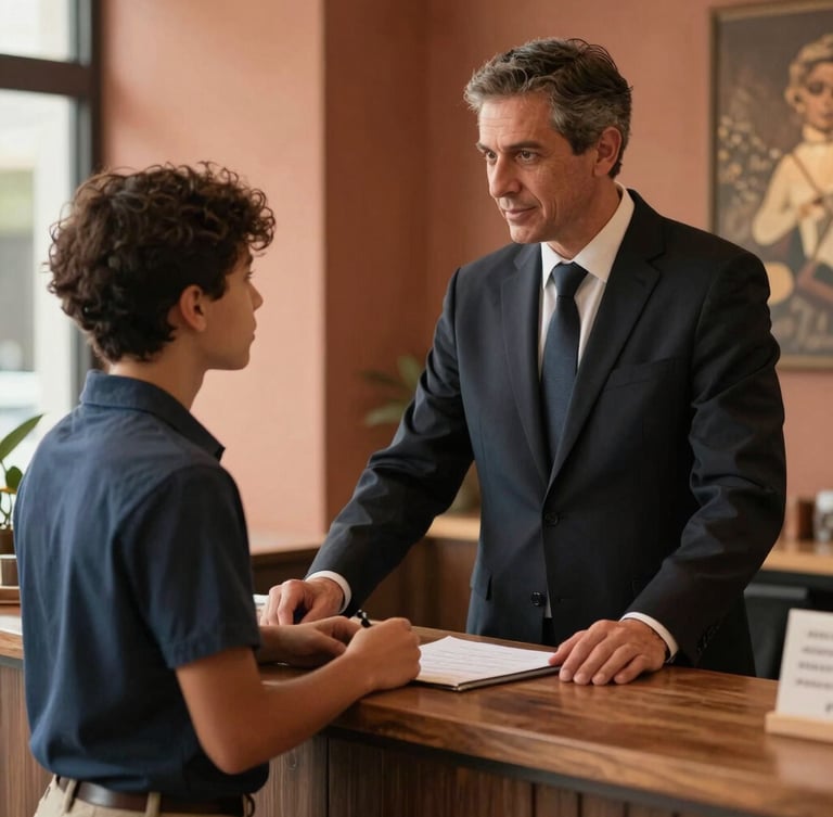 Cálido primer plano de un mentor guiando a un joven recepcionista en el vestíbulo de un hotel boutique, iluminación lateral suave, tonos terracota y carbón.