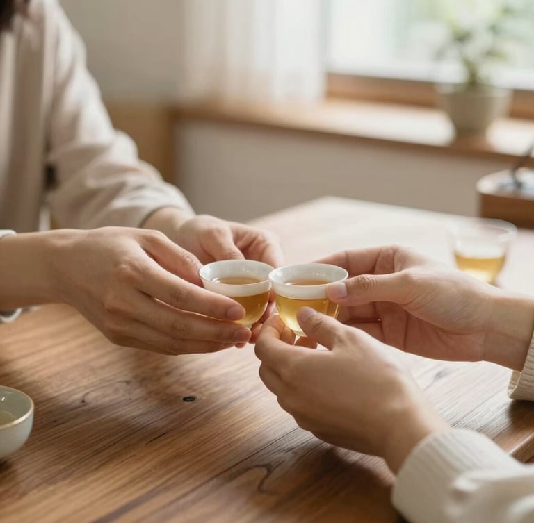 A close-up of hands sharing tea over a wooden table in a brightly lit, comfortable dining room, soft natural daylight, warm tones, 35mm