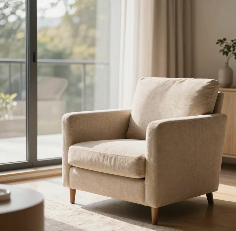 Sunlit modern living room with warm sand tones, a comfortable armchair near a large window, soft natural daylight, shallow depth of field, 35mm editorial photography