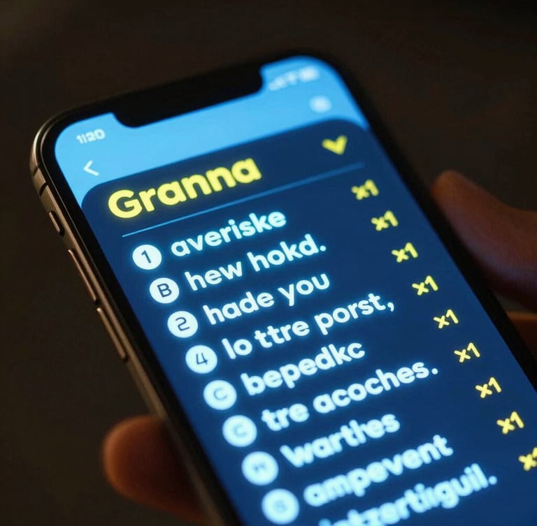A vertical mobile mockup showing a glowing neon blue English grammar cheat sheet on a dark phone screen. The screen emits a high-contrast futuristic glow with vibrant yellow accents. Close-up isometric framing optimized for mobile.