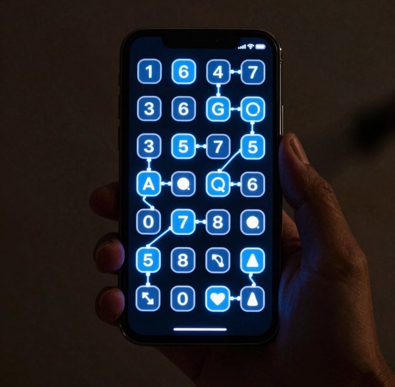 A vertical neon-lit smartphone screen displaying an active vocabulary match game, glowing electric blue nodes, high contrast dark theme