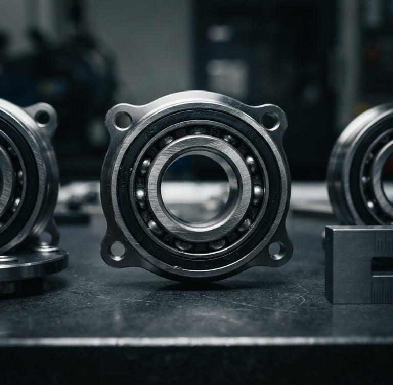 Close-up of finished high-precision wheel hub bearings on a clean industrial inspection table, cool metallic glints, sharp focus on steel textures, dramatic studio lighting.