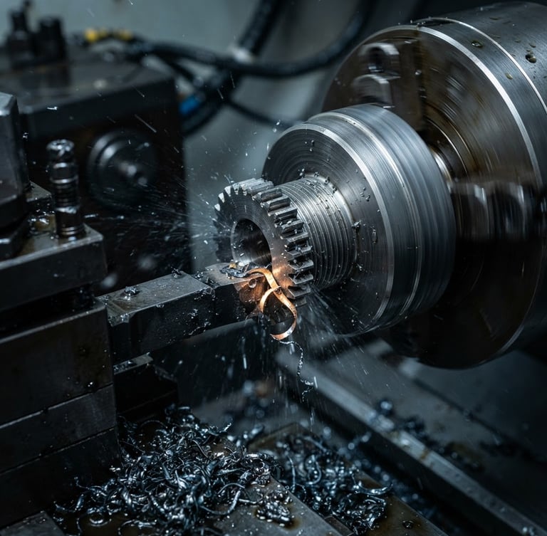 Macro shot of a high-precision CNC lathe cutting a steel gear blank, cool metallic grays with sharp steel threads and oil droplets under bright industrial studio lighting.