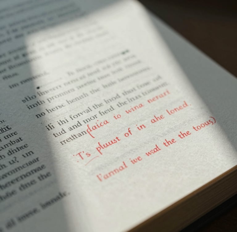 Macro close-up of physical book proofs with detailed editorial markups in red ink, diffused cool daylight casting sharp shadows on textured paper.