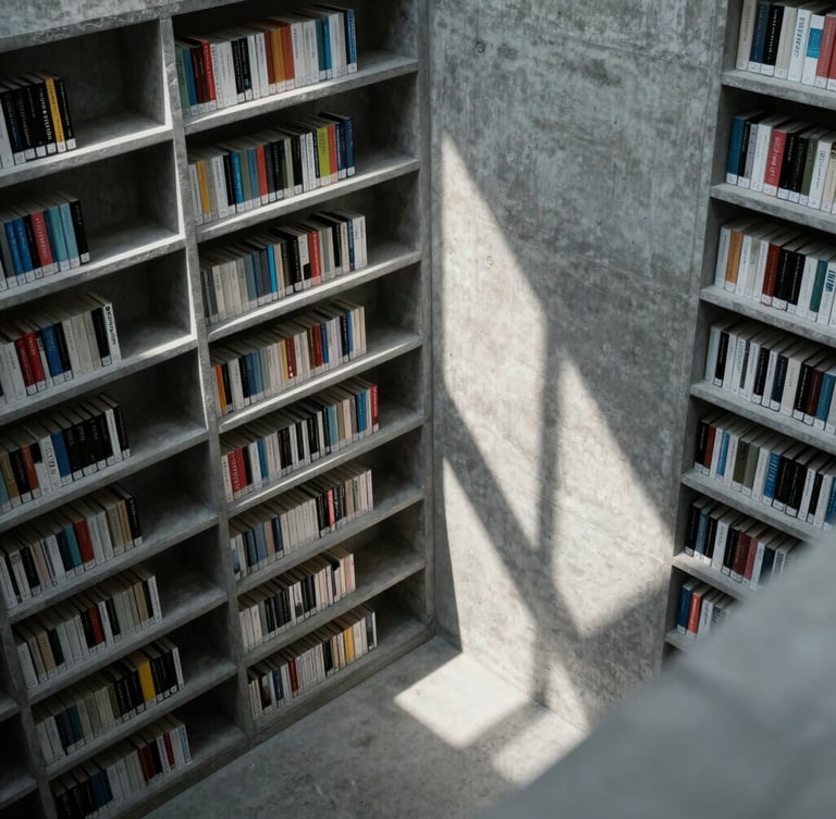 A high-angle architectural shot of a modern minimalist archive, structural lines of concrete bookshelves casting geometric shadows, cool diffused light.