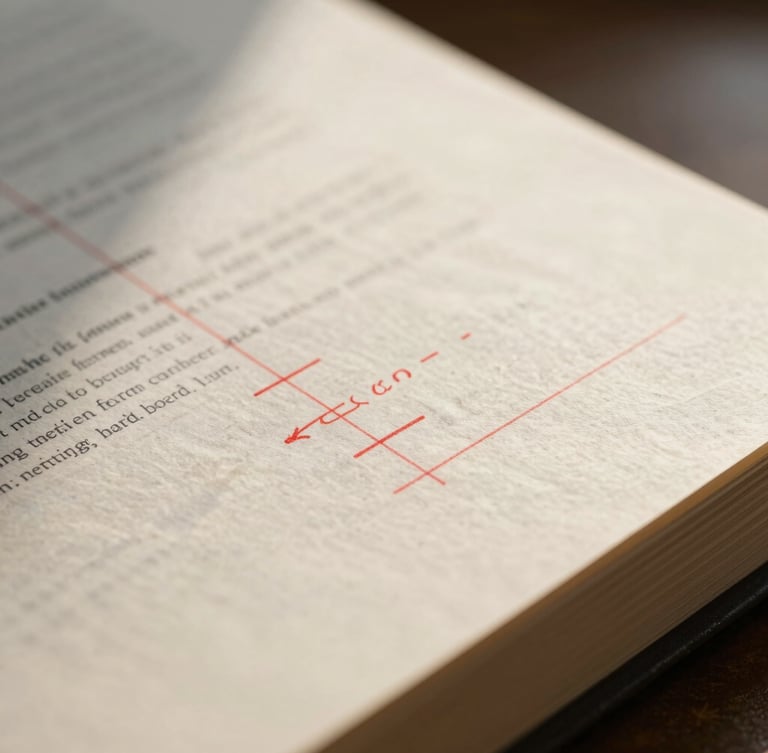 A macro close-up of physical book proofs with red editorial markups on crisp cream paper, cool morning light.