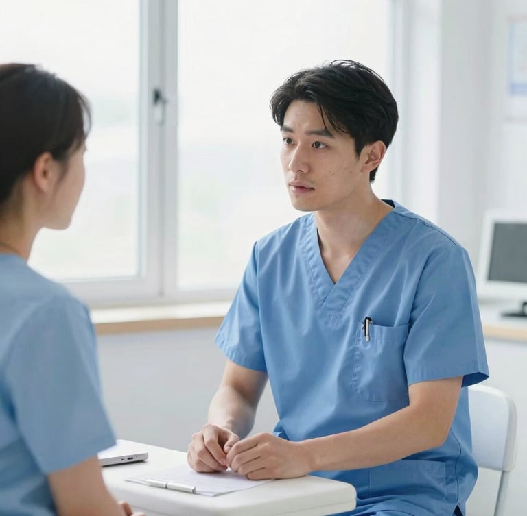 A professional doctor in clean blue scrubs consulting with a patient in a bright, naturally lit examination room, soft window lighting